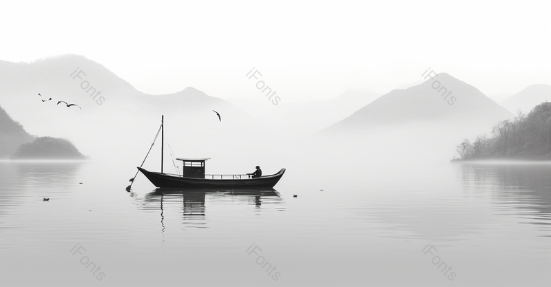 中国风质感山水平静的湖泊和船只上坐着的人黑白水墨风格画艺术背景插画,插画/手绘图,插画/手绘图库,插画/手绘图下载,插画/手绘